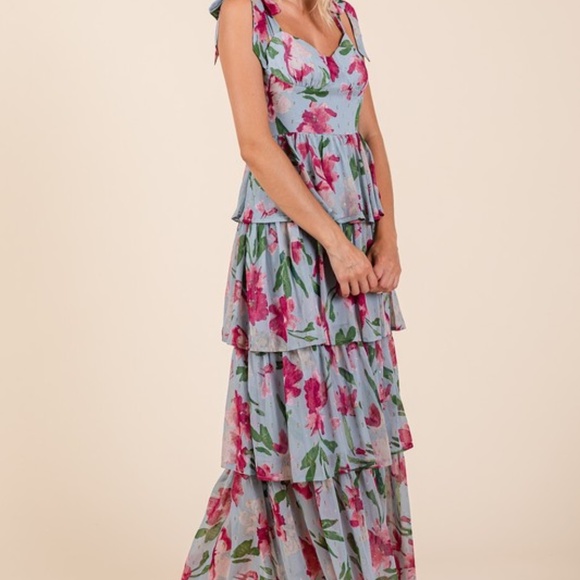 NWT Floral Tiered Ruffle Maxi Dress – Dusty Blue Summer Wedding Guest [Size S-L - Picture 4 of 5